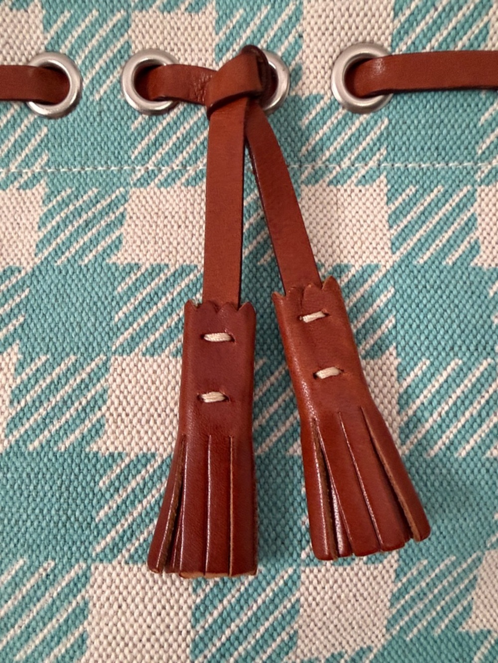 Dooney & Bourke Teal and Cream Plaid Canvas Small Tulip Tassel Tote - Picture 4 of 16